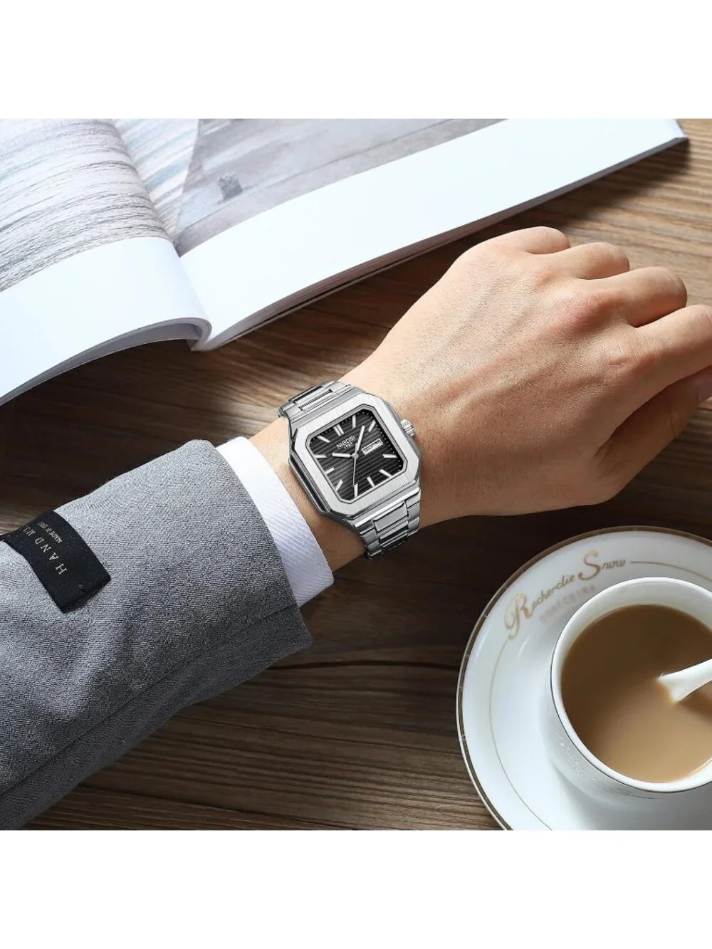 Men's Silver Black Square Analog Quartz Stainless Steel  Waterproof Wrist Watch